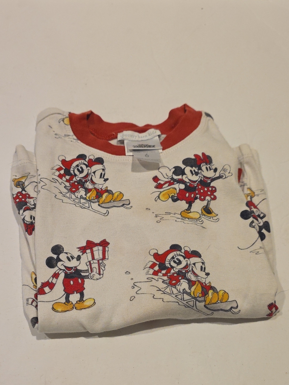 Pottery Barn Kids Mickey & Minnie Holiday Print Long Sleeve Top Red/White Size 6